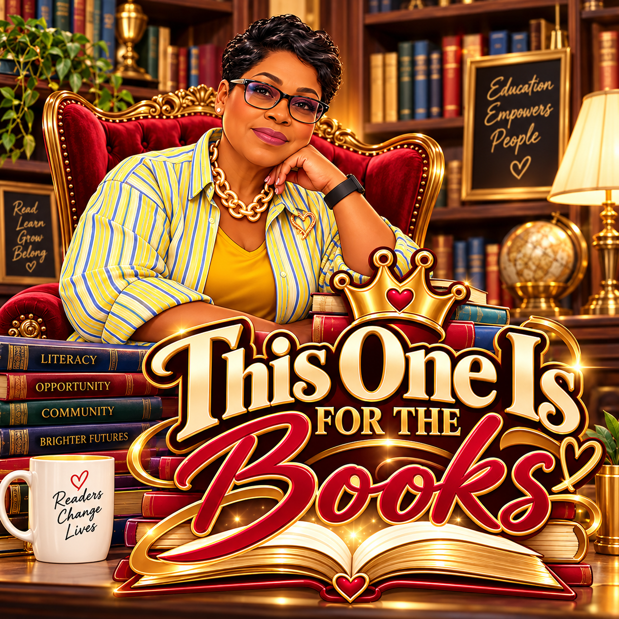 Woman in library promoting literacy and books
